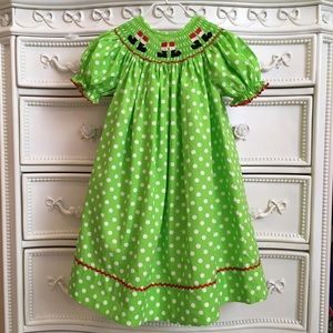 Beautiful Santa Boots smocked bishop dress Christmas